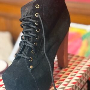 Jeffrey Campbell Women's Black Suede Lace-Up Platform Boot with Wood-Look Heel